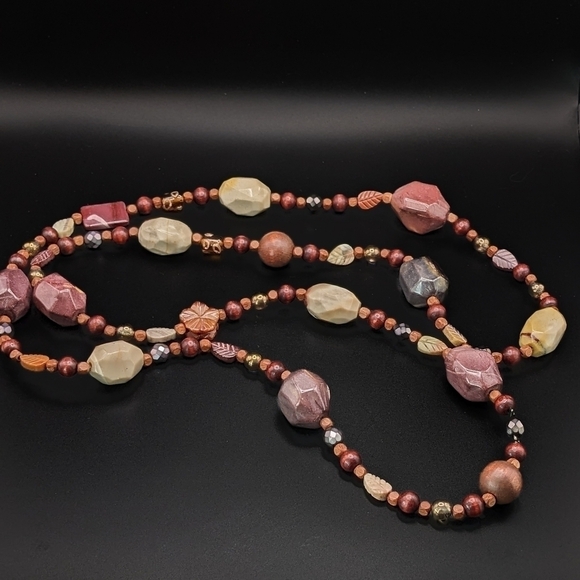 LONG Natural Stone, Wood, and Glass Beaded Necklace - Picture 7 of 10
